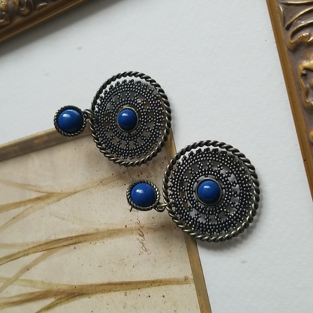Premier Designs Brass Cobalt Indigo Blue Statement Earrings